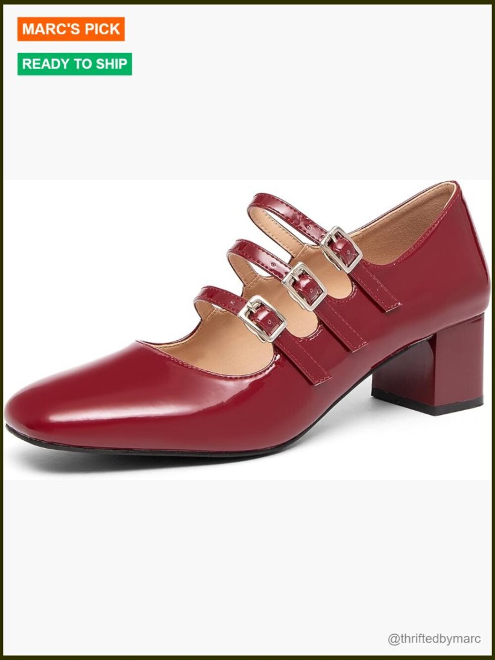 Patent Leather Mary Janes Chunky Heel Pumps Square Toe Buckle Strap Retro Dress